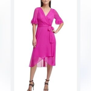 DKNY Fuchsia High Low Wrap Dress flutter sleeves belted
